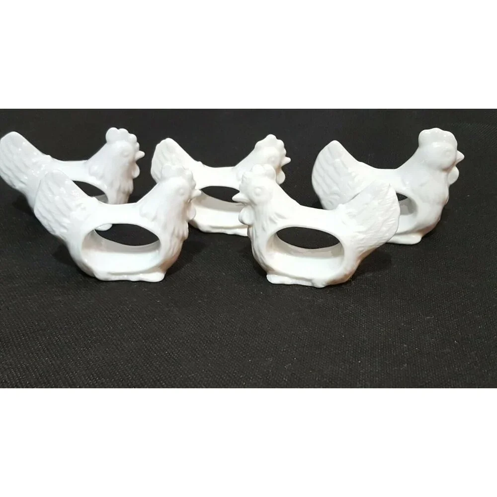 Vintage White‎ Chicken HEN Porcelain Napkin Rings Set of  5